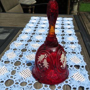 Vintage Fenton Bell Ruby Red Glass White Handpaint